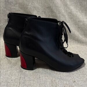 Salpy Smooth Black Leather Peep Toe Lace-Up Ankle Booties with Red Accent Heels